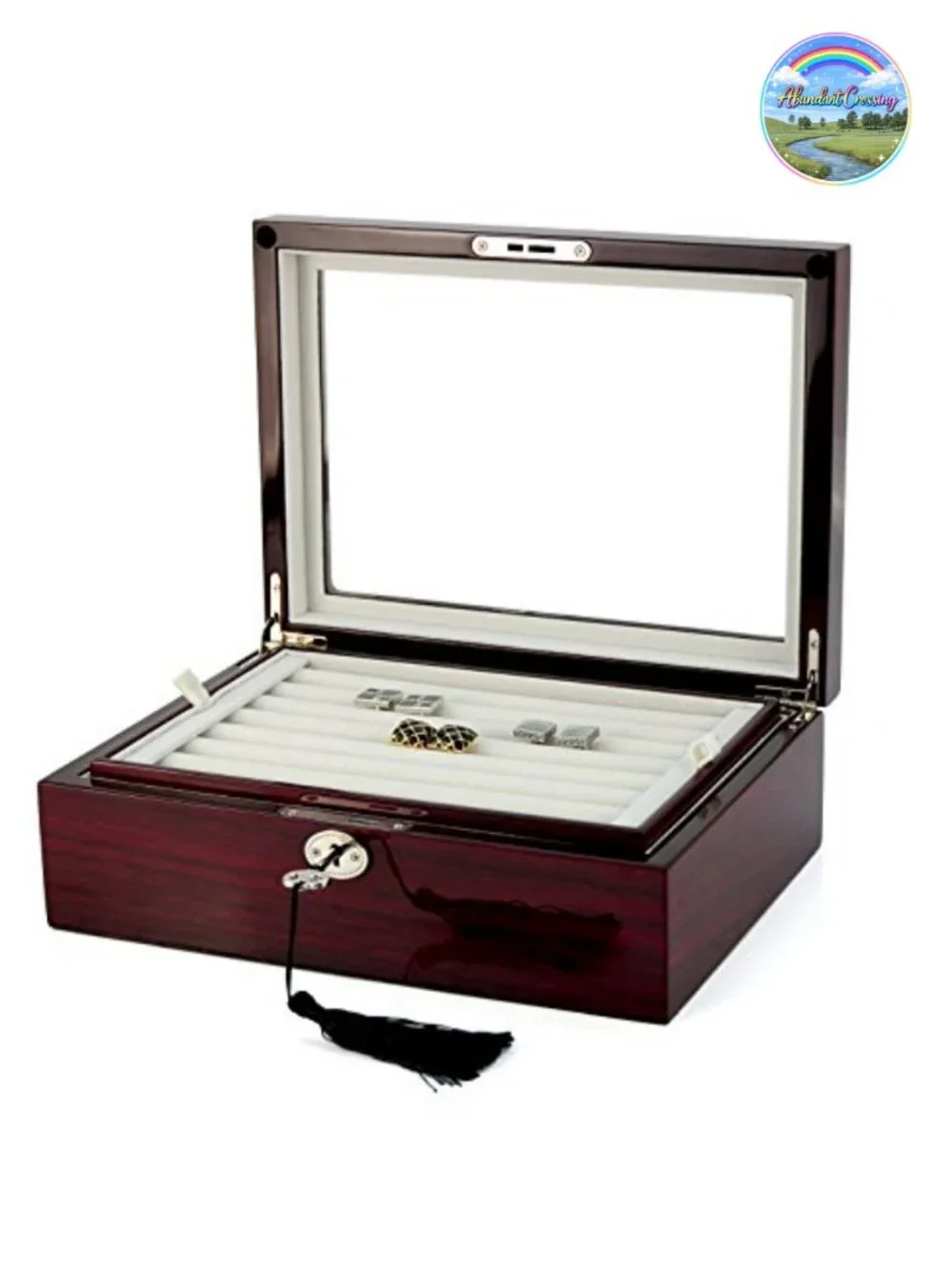 Large Double Layer Mahogany Cufflink Storage Case Box for Men, Holds 72